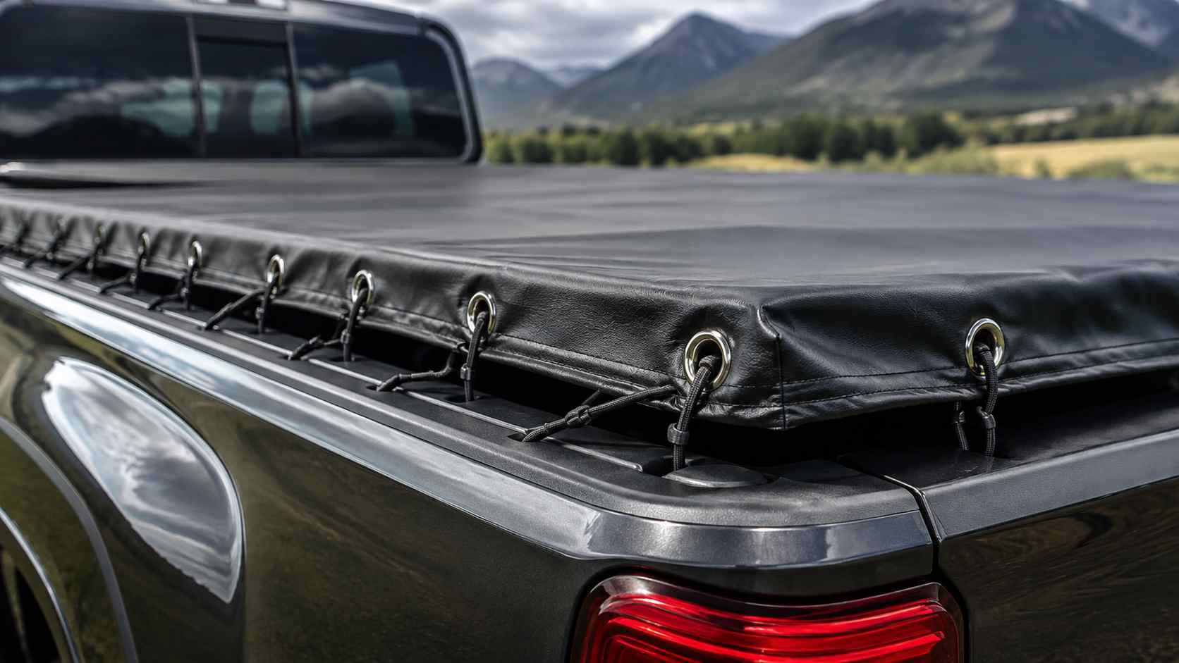 tarp grommet, A tarp grommet is installed along the edge of a black truck bed cover secured with hooks and cords.